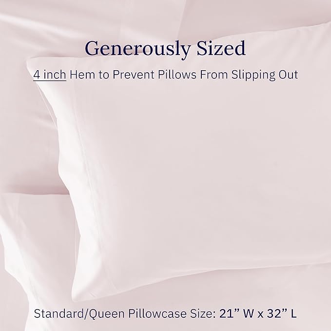 California Design Den Luxuriously Soft Premium 600 Thread Count, 100% Cotton Set of 2 Cases, Crisp Blush Standard Pillowcases Fits Standard & Queen Pillows (Blush Pink)