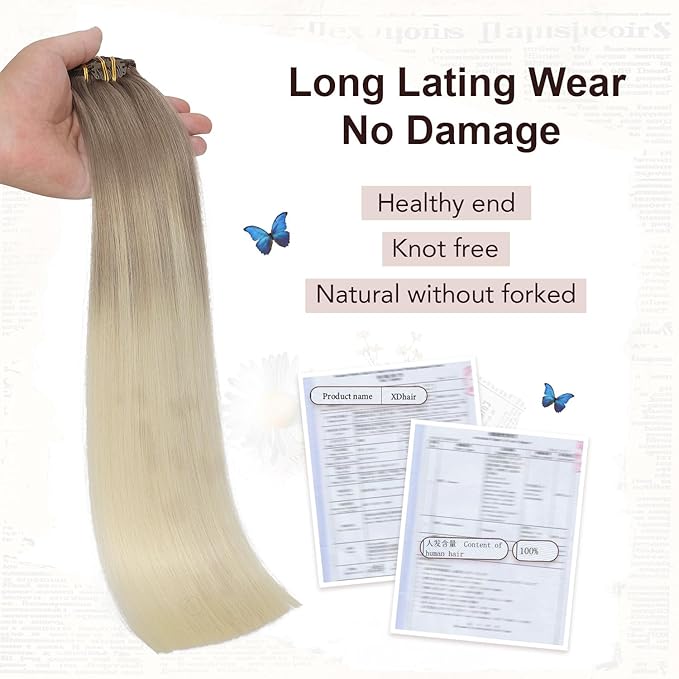 XDhair Clip in Hair Extensions Human Hair 120g18 Inch Balayage Ombre Ash Brown to Platinum Blonde Double Weft Clip in Hair Extensions 6pcs for Women(18, #8T60)