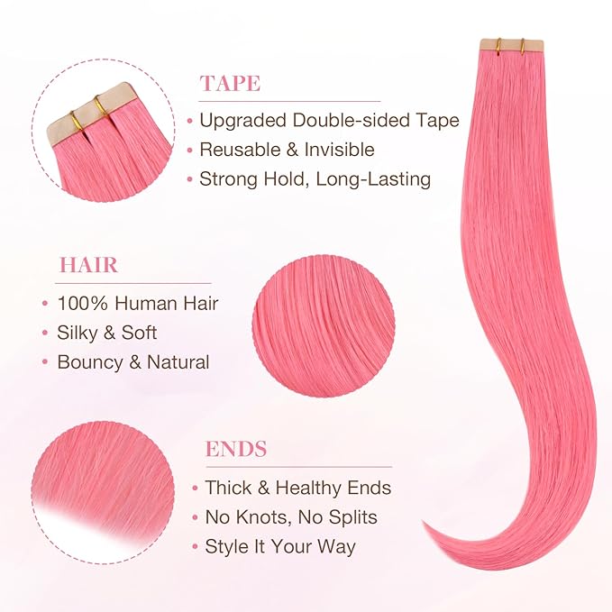 GOO GOO Tape in Hair Extensions Human Hair, Light Pink, 22inch 30g 10pcs, Colored Tape ins Human Hair Extensions, Silky&Soft Invisible Tape Ins, Hair Highlighted for Party