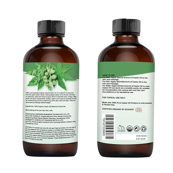 Organic Castor Oil for Lashes Grow, Caster Oils Brow with USDA Certified 100% Pure Natural Glass Bottle, Cold Pressed, Hexane Free. Castor Oil for Hair Growth, Thicker Fuller Brows,8oz