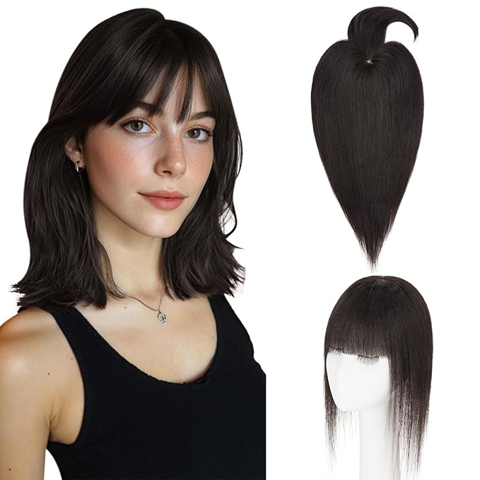 Hairro Mono Hair Toppers with Bangs, 3.4" x 3.4" Mono Base 100% Real Human Hairpieces for Women, 150% Density Clips In Topper for Greyish Thinning Hair, 6 Inch Natural Black