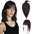 Hairro Mono Hair Toppers with Bangs, 3.4" x 3.4" Mono Base 100% Real Human Hairpieces for Women, 150% Density Clips In Topper for Greyish Thinning Hair, 14 Inch Natural Black