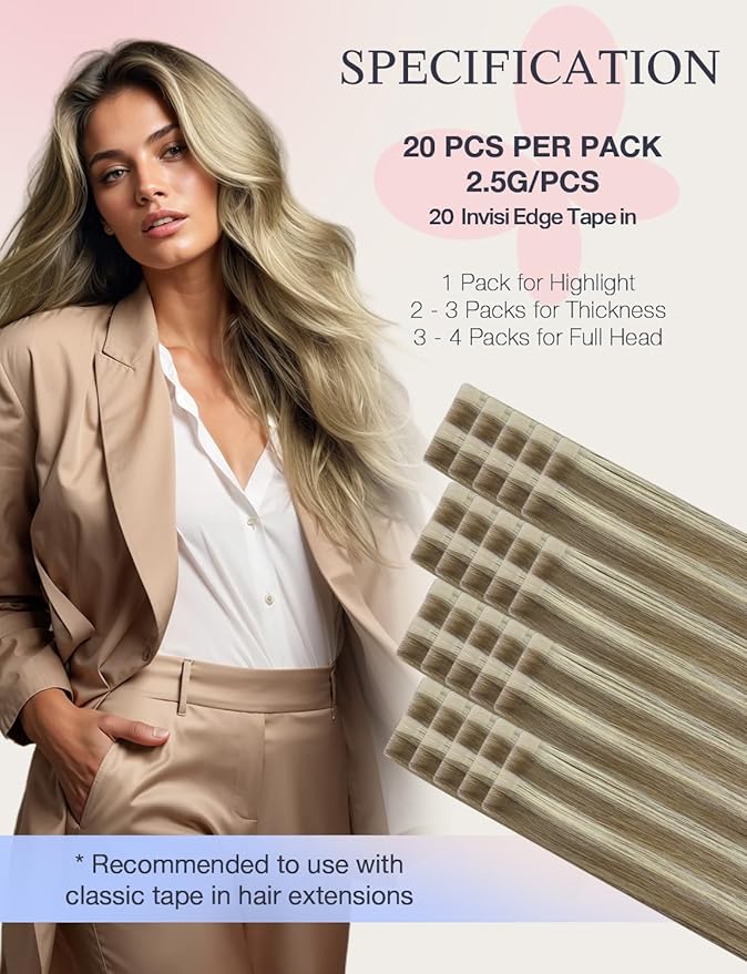 DOORES Invisi Edge Tape in Hair Extensions Human Hair, Light Brown Highlighted Medium Blonde 10 Injection Tape-ins with 10 Injection Tape-ins 50g 14 Inch, Virgin Tape in Extensions