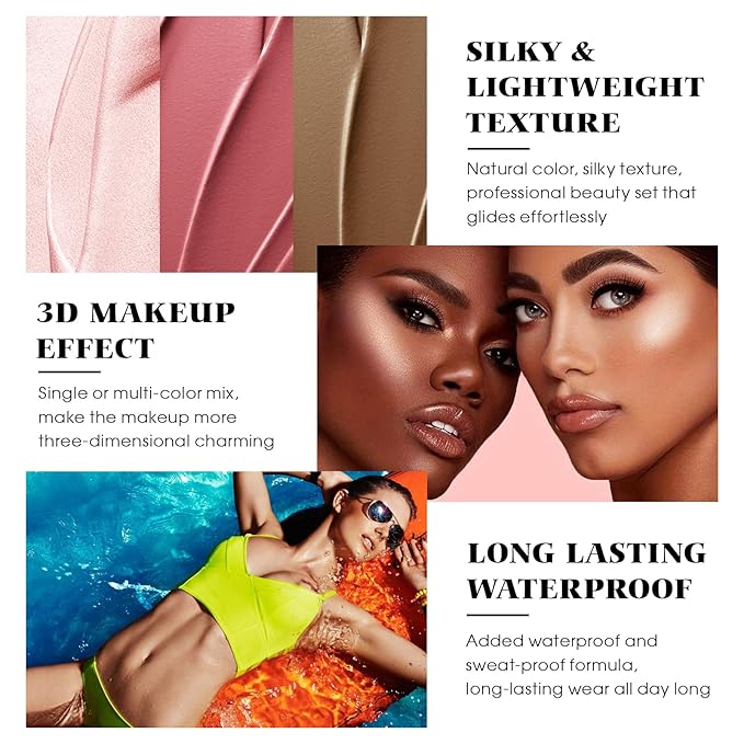 3Pcs Cream Contour Stick Makeup Kit - Cream Blush Stick Highlighter Stick Contour Bronzer Stick for Cheeks, Waterproof Long Lasting Blendable, Contour Stick Trio for Face Makeup (#02, 05, 06)