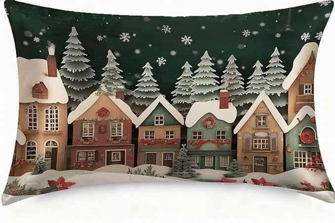 Xmas Colorful Snowy Houses Satin Pillowcase with Zipper for Hair and Skin Red Floral 1 Pack Soft Silk Pillow Case Standard Size Wrinkle-Free Smooth and Cooling Satin Pillow Cover 20”x26”