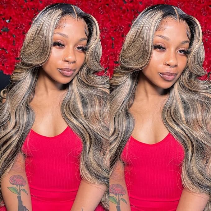 13x6 Body Wave Lace Front Wigs Human Hair 180% Density FB/27 Balayage Highlight Lace Front Wig Human Hair 24 Inch HD Lace Frontal Wigs Glueless Wigs Balayage Wig