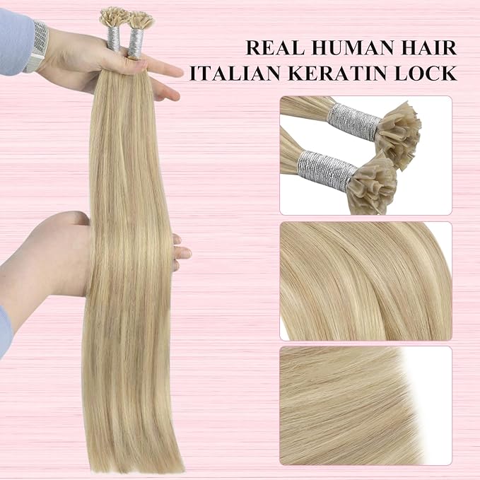 YoungSee U Tip Hair Extensions Human Hair Highlight U Tip Hair Extensions Ash Blonde with White Blonde Highlight Utip Hair Extension Human Hair 20 Inch Ktip Extension Remy Hair 1G/S 50G for Wedding