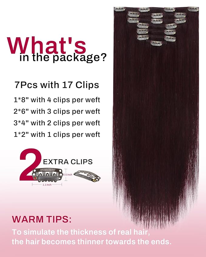 Moresoo Burgundy Clip in Hair Extensions Dark Red Hair Extensions Clip ins Straight for Women Double Weft Wine Red Remy Human Hair 16 inch 120g/7pcs