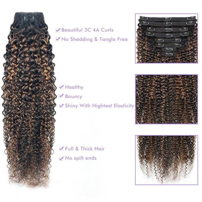FB30 Highlight Ombre Curly Clip In Extension Human Hair 3C 4A Kinky Curly Clip Ins Full Head for Black Women Brazilian Remy Human Hair Balayage Brown 8Pcs with18clips 120g/Set (24 inch)