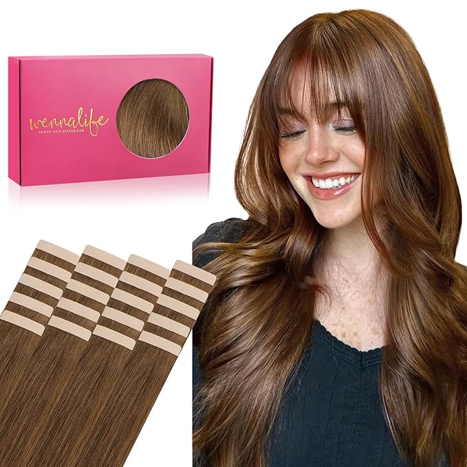WENNALIFE Tape in Hair Extensions Human Hair, 20pcs 50g 18 inch Light Auburn Brown Remy Hair Extensions Straight Human Hair Tape in Extensions Skin Weft Tape Extensions Human Hair