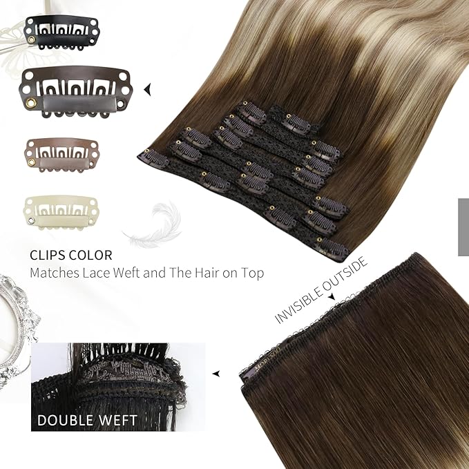 Moresoo Hair Extensions Clip in Human Hair Balayage Double Weft Clip in Hair Extensions Human Hair Ombre Brown to Light Brown with Blonde 7Pieces 120Grams 16inch