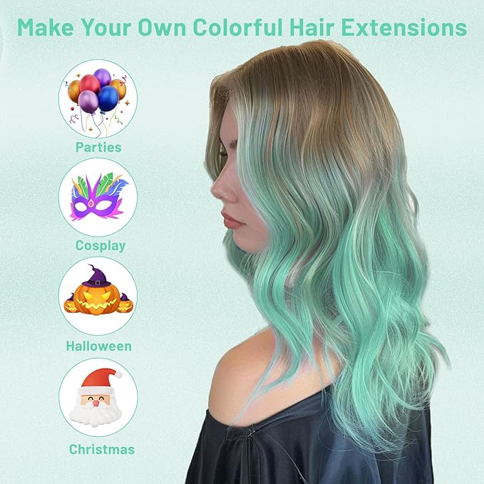 16 Pcs Mint Green Hair Extensions Curly Wavy Clip in Synthetic Hair Extensions,Colorful Party Highlights Hairpiece Streak for Girls Women Kids Cosplay Party Christmas Gift(Light Green)