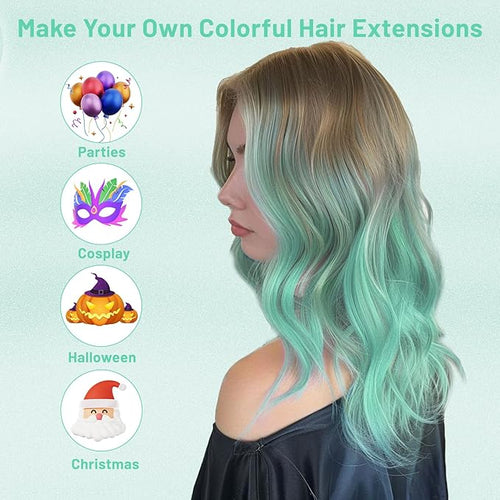 16 Pcs Mint Green Hair Extensions Curly Wavy Clip in Synthetic Hair Extensions,Colorful Party Highlights Hairpiece Streak for Girls Women Kids Cosplay Party Christmas Gift(Light Green)
