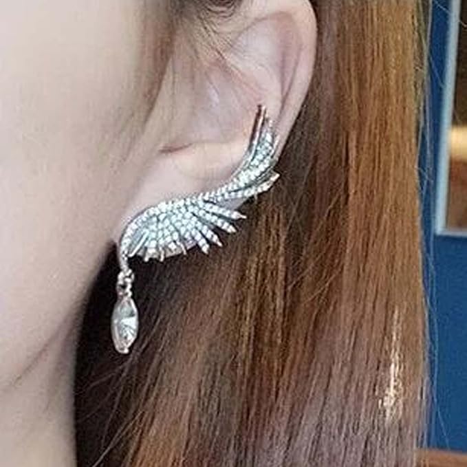Boho Crystal Angel Wing Earrings Silver Rhinestone Wing Earrings Cz Crystal Ear Climber Earrings Guardian Wing Clip on Earrings Jewelry for Women and Girls Gifts