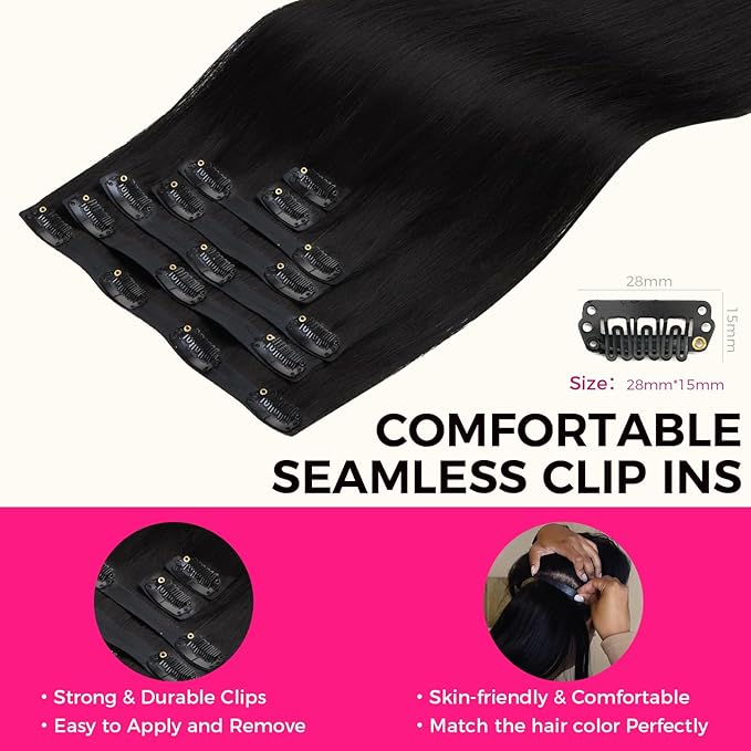 Lashey Seamless Clip in Hair Extensions Human Hair #1 Jet Black Light Yaki Straight Clip in Hair Extensions Real Human Hair 7pcs 110g 24 Inch PU Weft Natural for Women