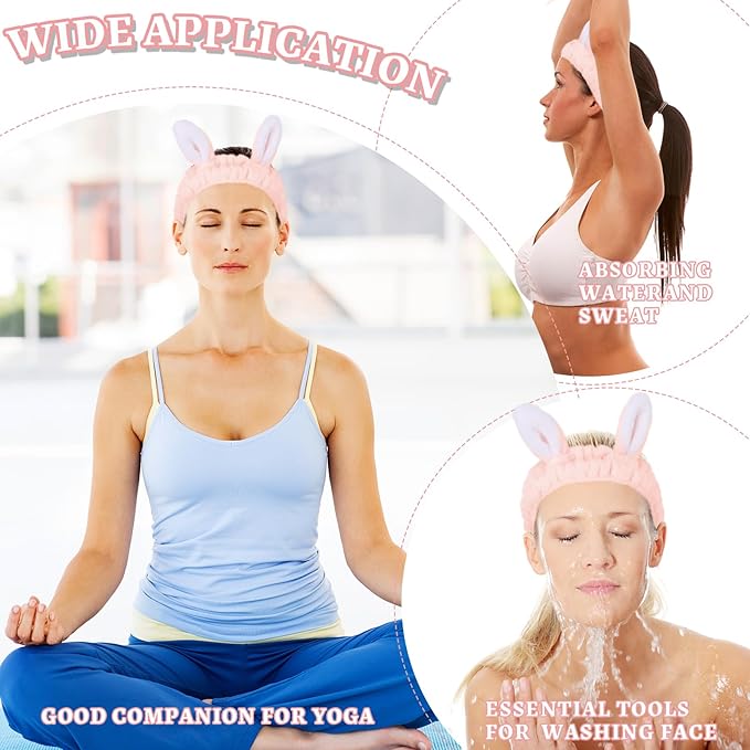 Jowmoy Cute Light Pink Rabbit Ears Headband Frog Eye Elastic to Wash Face for Women Makeup Shower Spa (1 Pack)
