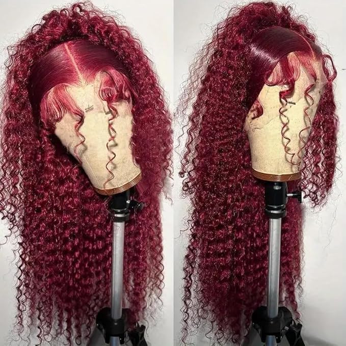 Burgundy Wig Human Hair Deep Wave, Hidden Strap 360 Lace Front Wigs Human Hair Draw String Invisible Strap Pre Plucked Pre Cut Glueless, 99J Burgundy Curly Wig Human Hair for Women (28inch)