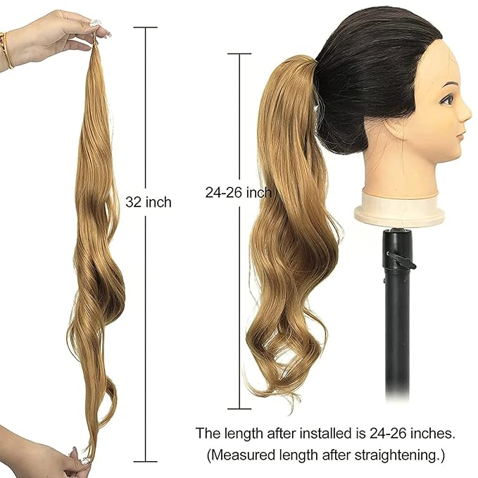 Chicmoi Black Ponytail Extainson 32 Inch Flexible Wrap Around Ponytail Hair Extension Long Wavy Pony Tails hair Extension 1B Natural Black Synthetic Hairpieces For Women and Girls