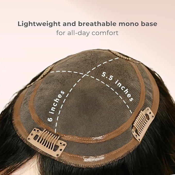 Katalaeya Hair 100% Human Hair Topper - Aurora Crown Double-Drawn Remy Clip-In Mono Base Top Piece for Women with Thinning Hair, Alopecia & Chemo Hair Loss (L6)