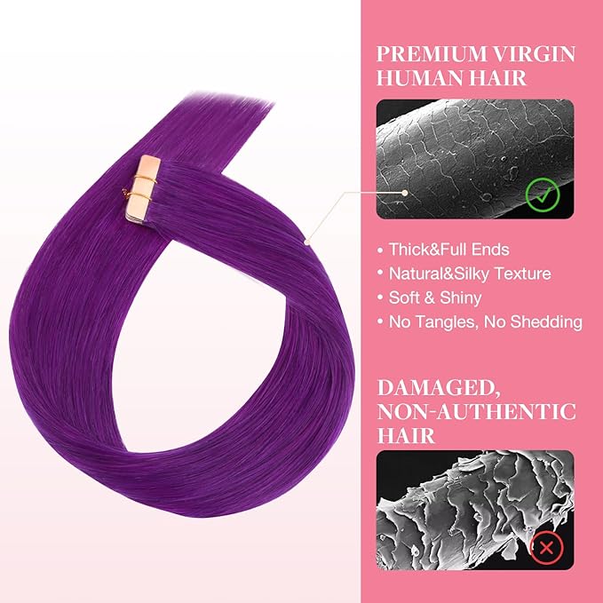 GOO GOO Tape in Hair Extensions Human Hair, Purple, 10inch 20g 10pcs, Colored Tape ins Human Hair Extensions, Silky&Soft Invisible Tape Ins, Hair Highlighted for Party
