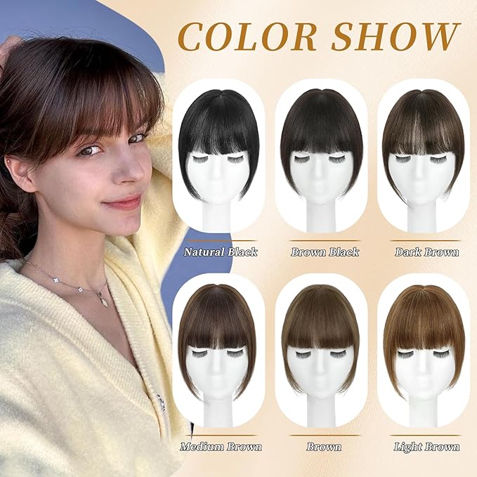 NAYOO Hair Toppers for Women Real Human Hair, 360° Cover Clips in Full Fringe Fake Bangs Hair Pieces for Women Girls Daily Wear(Light Brown)