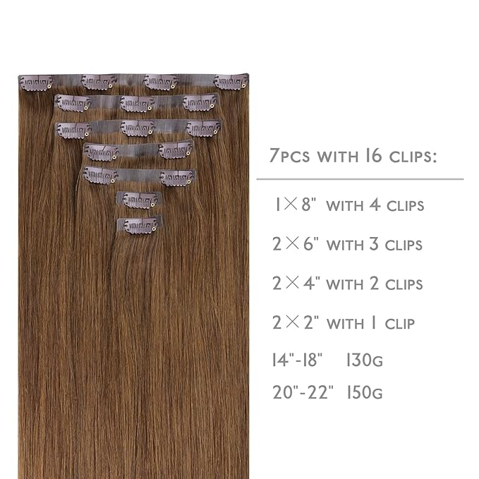 WENNALIFE Seamless Clip In Hair Extensions Human Hair, 20 Inch 150g 7pcs Light Auburn Brown Real Hair Extensions Clip in Human Hair Invisible PU Skin Weft Natural Remy Human Hair Extensions