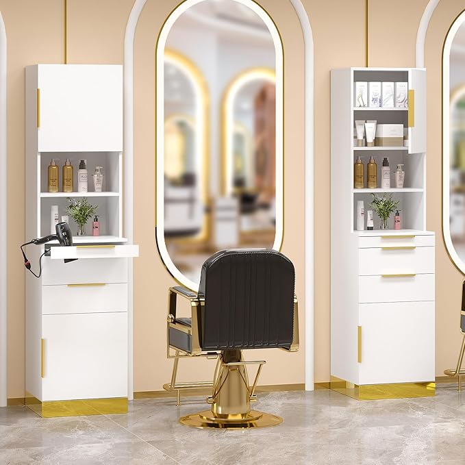 OmySalon Salon Station, Barber Station for Hair Stylist, Beauty Storage Cabinet with Stainless Steel Finish & Drawers & Dryer Holders, Modern Spa Equipment for Barbershop, White