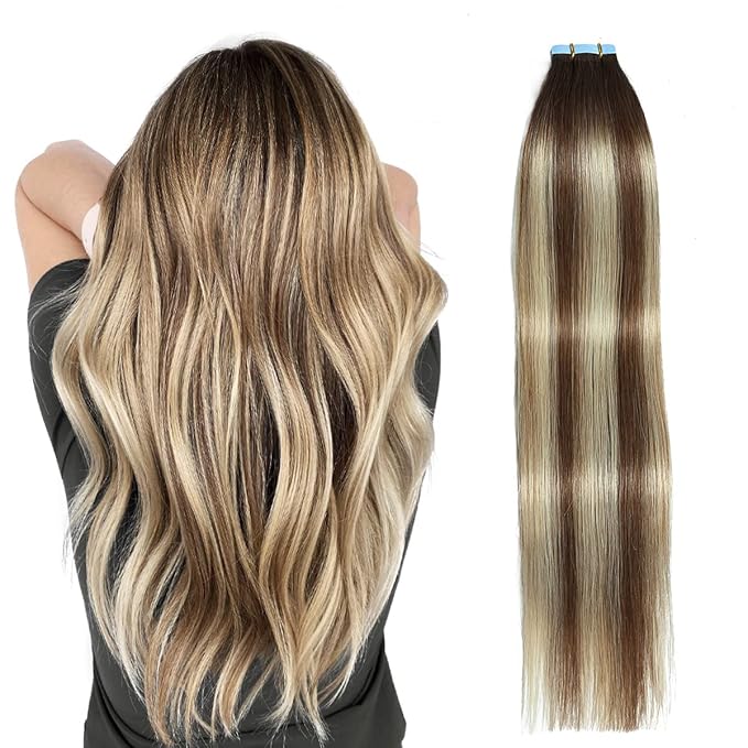 SUYYA Tape in Hair Extensions Human Hair Balayage Chocolate Brown to Bleach Blonde and Chestnut Brown 14 Inch 40g/pack 20pcs Straight Seamless Skin Weft Tape in Hair Extensions(14inch #P6/613/T4)