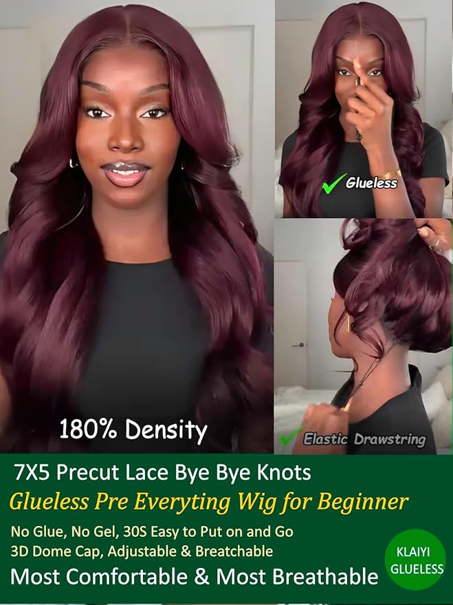KLAIYI Black Cherry Loose Body Wave Bye Bye Knots Glueless Wig 7x5Precut Lace Front Wigs Human Hair Drawstring Pre Plucked Bleached 30S Ready to Wear and Go Wig with Face Framing Bangs Burgundy 22Inch
