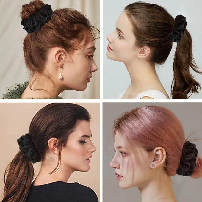 4PCS Black Satin Silk Scrunchies for Women, 6.3Inches Extra Large Hair Scrunchy Oversized Thick Elastic Hair Ties Hair Bands Ponytail Holders Jumbo Hair Scrunchies