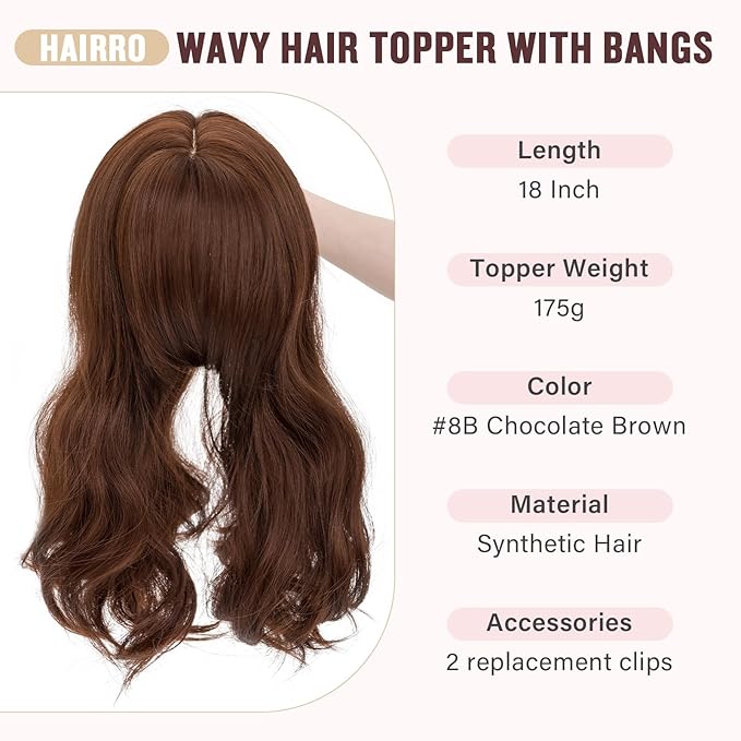 Hairro 18 Inch Long Hair Toppers Wavy with Side Bangs for Women, Clips In Synthetic Hairpieces Capless, for Adding Volume/Birthday/Party/Halloween/Cosplay Dress Up, Chocolate Brown