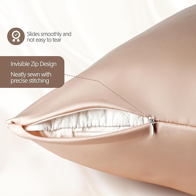 Set of 2 100% Mulberry Silk Pillow Cases - 6A Luxury Silk Pillowcase for Hair and Skin – Anti-Wrinkle, Cooling & Smooth, Hidden Zipper – Pillowcases for Sleeping Women Girl, Boy (Beige, Standard)