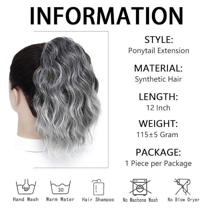 Ponytail Extension,12 Inch Drawstring Ponytail Hair Extensions for Women Synthetic Curly Wavy Fake Pony Tails Hair Pieces for Daily Party Use (T1B/Grey)
