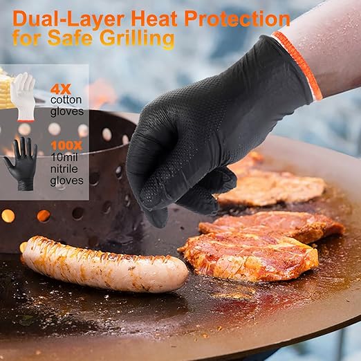 BBQ Gloves for Cooking Baking Grilling, 100 Count Disposable Nitrile Gloves and 4 Count Cotton Glove Liners Washable (10mil Nitrile, X-Large)