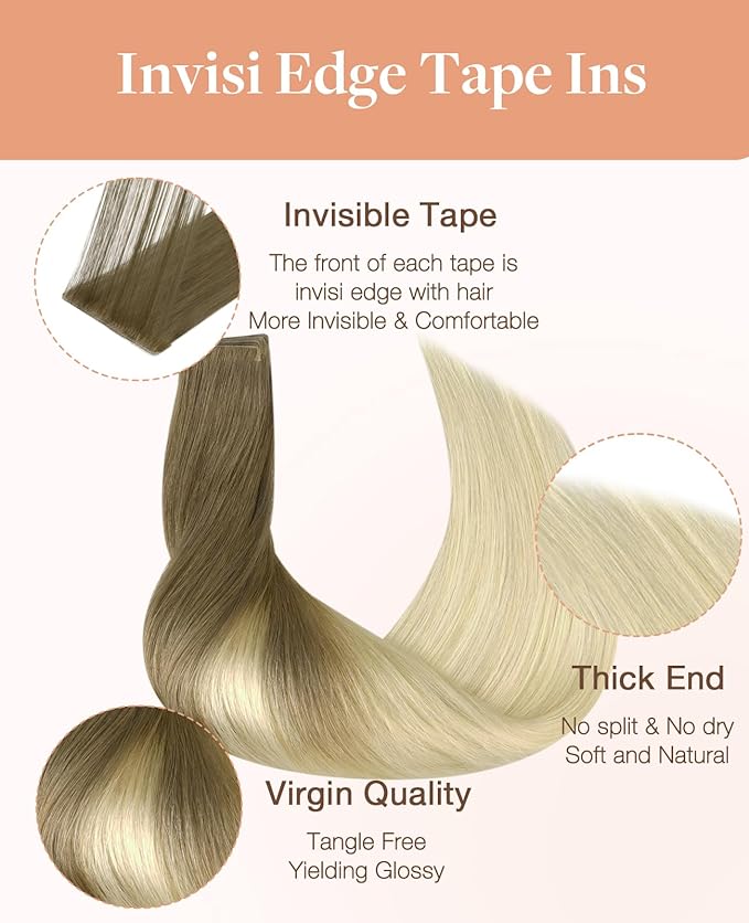GOO GOO Invisi Edge Tape in Hair Extensions Human Hair, 9/60 Balayage Ash Brown to Platinum Blonde, 20pcs 24inch 50g, Virgin Remy Hair, Seamless Injected Tape, Natural Look