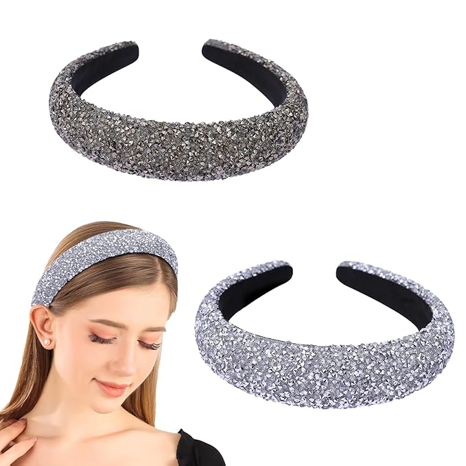 2PCS Sparkle Wide Headband for Women Rhinestone Padded Headband Black Sliver Glitter Hairbands Comfort High Elastic Head Band Bling Hair Accessories for Womens Girls Hair