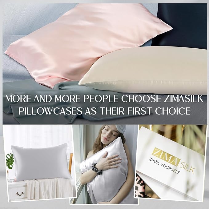 ZIMASILK 100% Pure Mulberry Silk Pillowcase for Hair and Skin Health,Soft and Smooth,Both Sides Premium Grade 6A Silk,600 Thread Count,with Hidden Zipper,1pc (Queen 20''x30'',Light Grey)