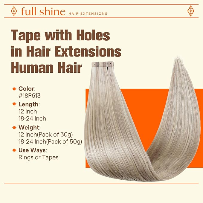 Full Shine Holed Human Hair Tape in Extensions 18P613 Ash Blonde Highlight Blonde 20Pcs 30G Invisible Seamless 12Inch Skin Weft Tape Extensions Human Hair for Women Wedding Soft Remy Hair Extensions