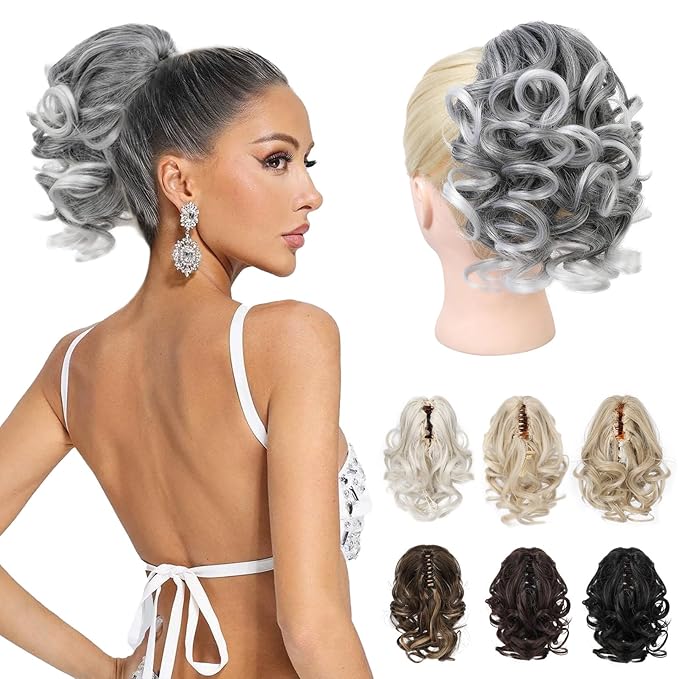 REECHO Ponytail Extension, 9" Claw Clip in Short Curly Wavy Pony Hair Extension Jaw Clip on Pony Tail HP001 Hairpiece for Women - Grey with White Ends