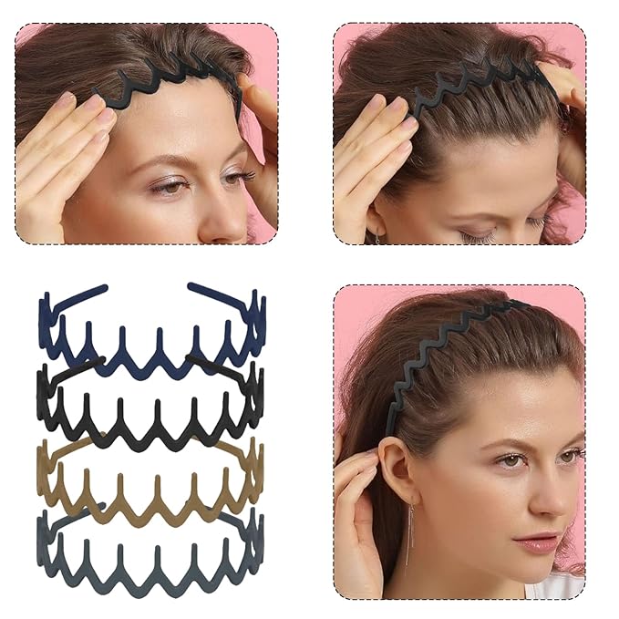 LAPOHI 8 PCS No Slip Fashion Plastic Headbands with Wide Teeth Comb Multicolour Skinny Hair Accessories for Women Men Teen Girls, Morandi Wave Shape Hair Bands for Thick Hair