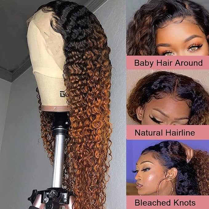 Ombre Brown Lace Front Wigs Human Hair Pre Plucked Curly Wave Brazilian Virgin Hair 13X4 HD Transparent Lace Frontal Wigs with Baby Hair 180% Density 26 Inch