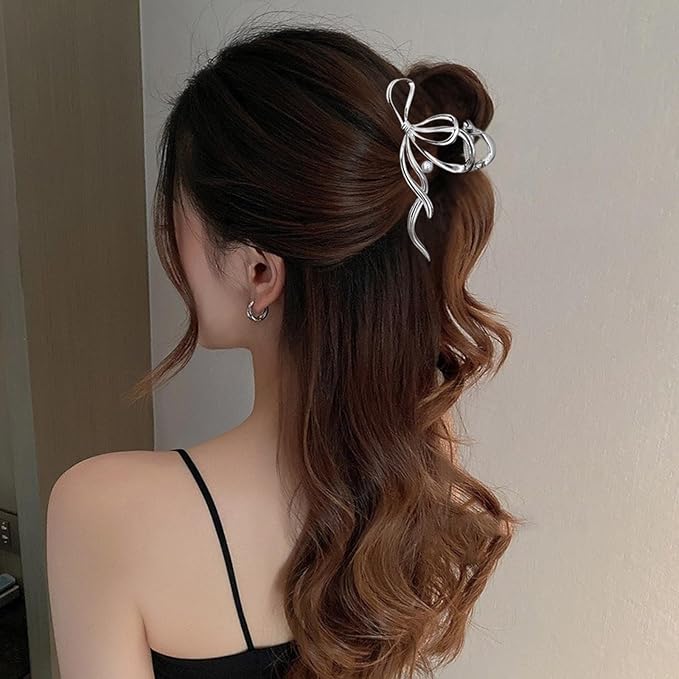 Metal Bow Hair Clips Bow Hair Claw Clips with Pearl Large Bowknot Claw Clip Strong Hold Nonslip Hair Jaw Clip for Thin Thick Hair Stylish Hair Accessories for Women Silver