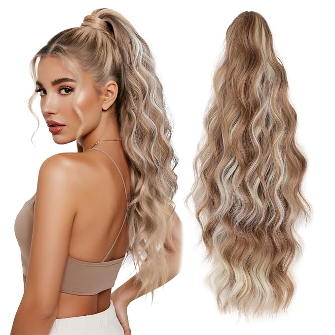 Claw Clip Ponytail Extension 18" for Women Wavy Pony Tail Clip in Hair Extensions Fluffy Natural Looking Synthetic Hairpiece for Daily Use (Honey Gold Mixed Light Blonde)