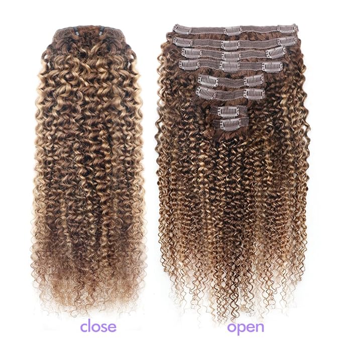 Curly Clip In Hair Extensions Real Human Hair Clip Ins Balayage Chocolate Brown to Caramel Blonde Human Hair Extensions 8Pcs with18clips 120g/Set (16 inch，#4/27/4)