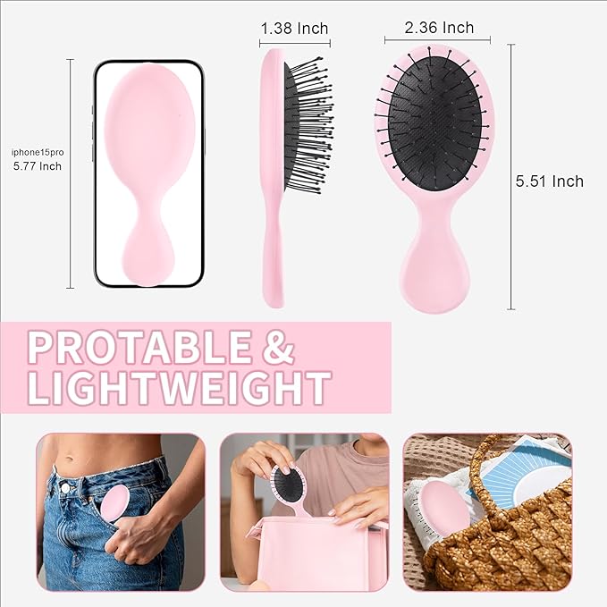 Mini Hair Bursh for Kids Women and Men, Protable Travel Size Hair Brush for Pockets Purse backpack,Mini Detangler Brush for All Hair Types, Small Hair Brush for Detangling(1 Pack-Pink)