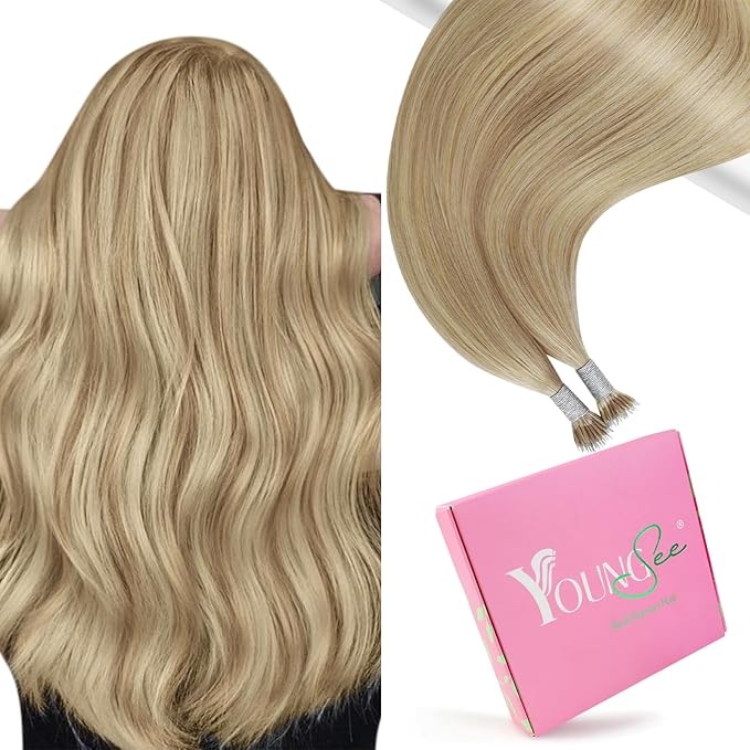 YoungSee Nano Hair Extensions Real Human Hair Blonde Highlight Nano Ring Remy Hair Extension Ash Brown Highlights Golden Blonde Pre Bonded Nano Extensions Silky Straight 16 inch 50g 50s
