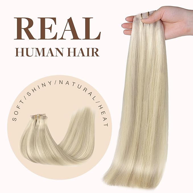 GOO GOO Clip in Hair Extensions Real Human Hair, Remy Human Hair Extensions Clip ins for Women, Natural Human Hair, 16inch 130g 7Pcs, 17A/60A Ash Blonde Highlighted Platinum Blonde