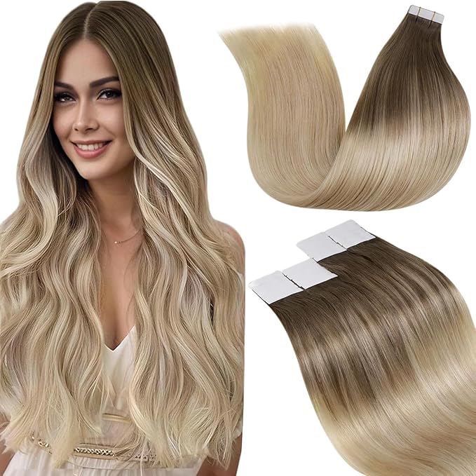 LaaVoo Tape in Hair Extensions Human Hair Ombre Hair Extensions Tape in Real Human Hair Tapes on Extensions Brown to Ash Blonde 12inch 20pcs/30g