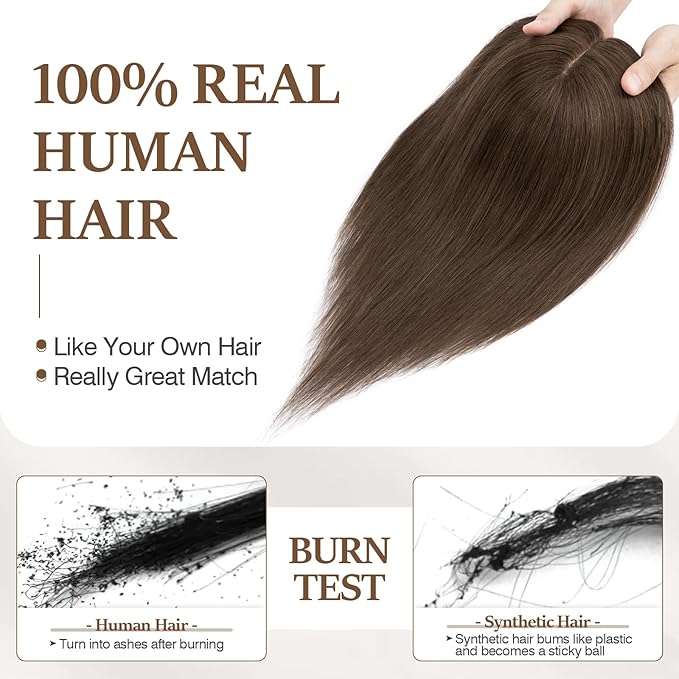 Rich Choices Hair Toppers for Women Real Human Hair 100% Human Remy Toppers NO Bangs for Women with Thinning on Top Clip in Hairpiece 4"x4.7"Lace Base 14 Inch #2R Chocolate Brown