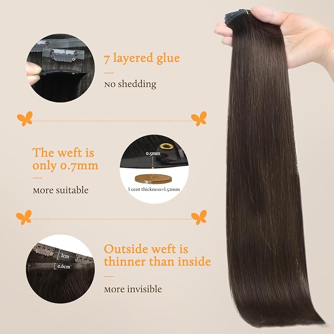 DOORES Seamless Clip in Real Human Hair Extensions, Light Dark Brown 20 Inch 7pcs 110g, Clip in Hair Extensions Skin Weft Long Straight Remy Invisi Edge
